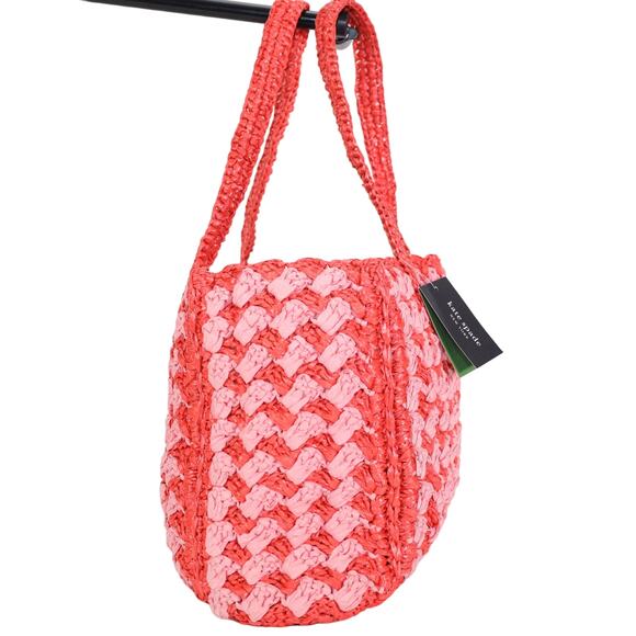 Kate Spade High Tide Striped Crochet Raffia Medium Tote Bag - Ladybug - NWT - Picture 4 of 11